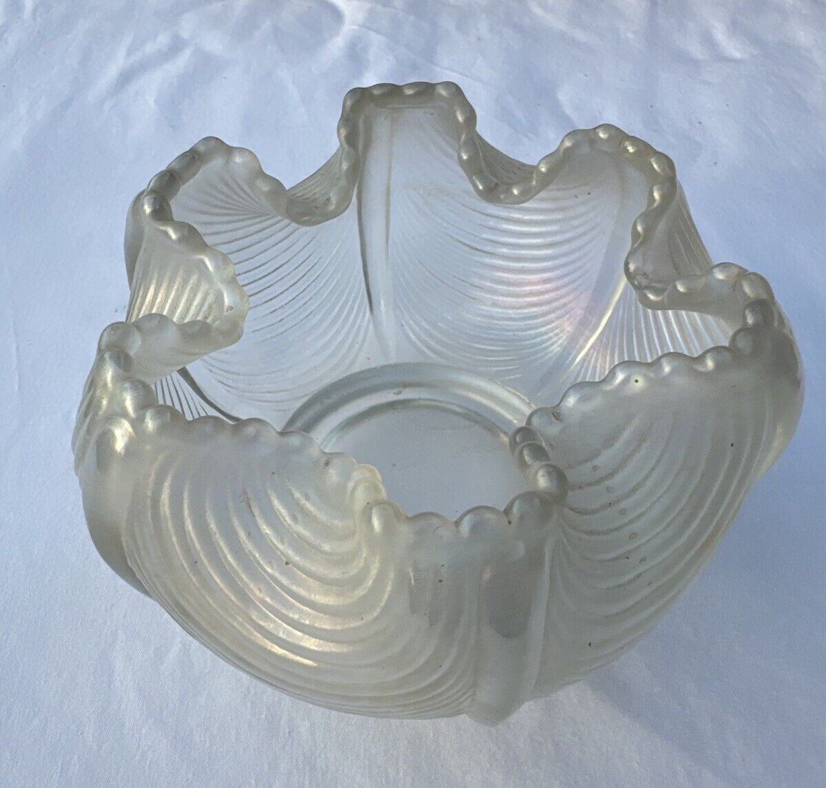 Antique NORTHWOOD Carnival Glass DRAPERY Rosebowl Vase WHITE - UV Reactive