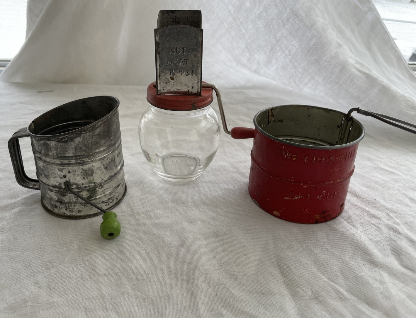 Vtg. Lot 3 Kitchen Gadget Tin Flour Sifter & Nut Meat Chopper Rustic Farmhouse