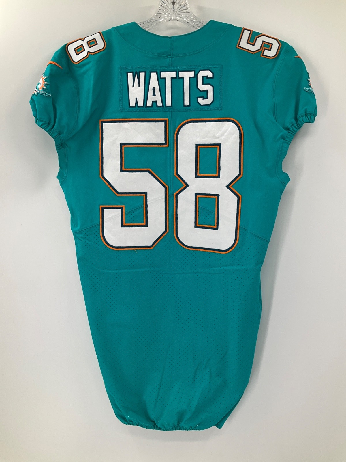 #58 BRANDON WATTS MIAMI DOLPHINS NIKE GAME USED AQUA JERSEY SZ-42 YR-2017