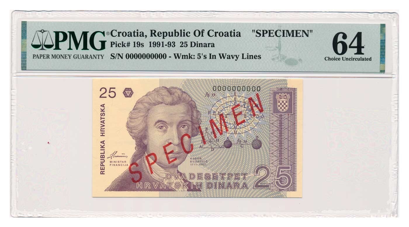 CROATIA banknote 25 Dinara 1991 Specimen PMG MS 64 Choice Uncirculated