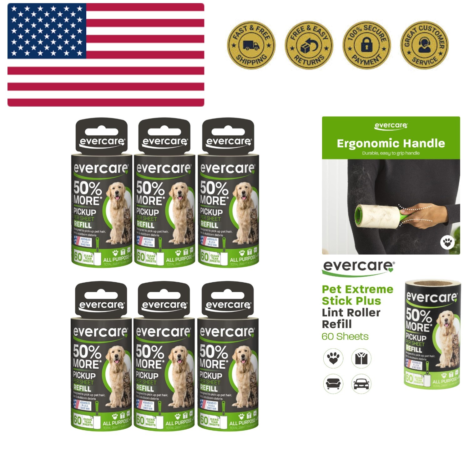 Extra Sticky Pet Lint Roller Refill 60 Sheets, 6-Pack