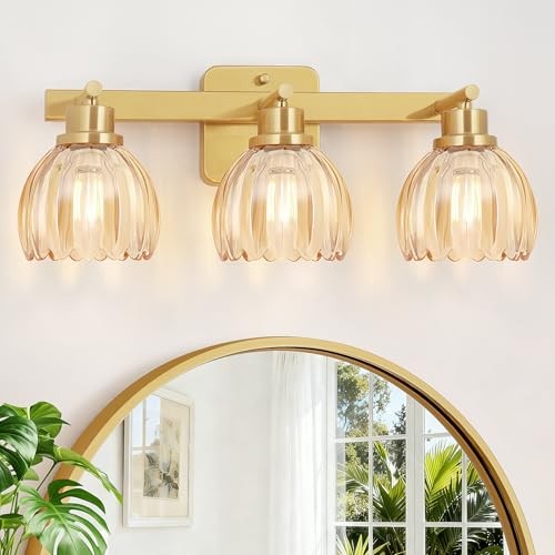 Bathroom Light Fixtures, 3-Light Brass Gold Vanity Lights for 3Light Gold-Amber