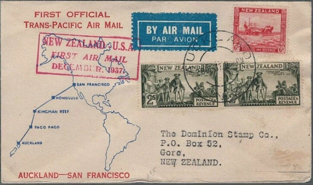 New Zealand First Flight Cover Pan Am Survey Auckland to Gore via SF 1937