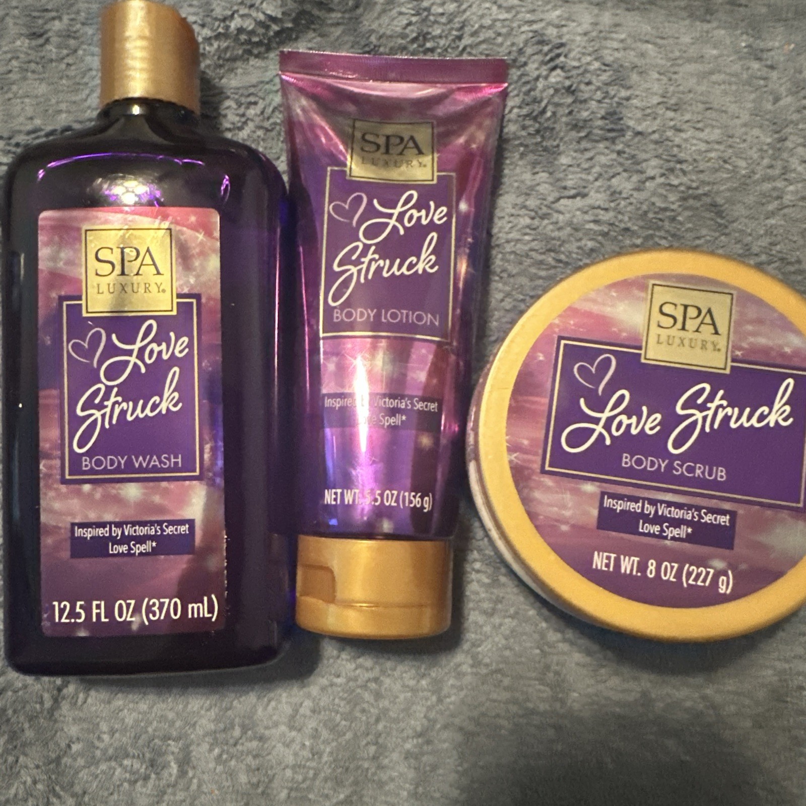 New 3 Pc Set SPA LUXURY Love Struck Body Lotion, Scrub, Body Wash