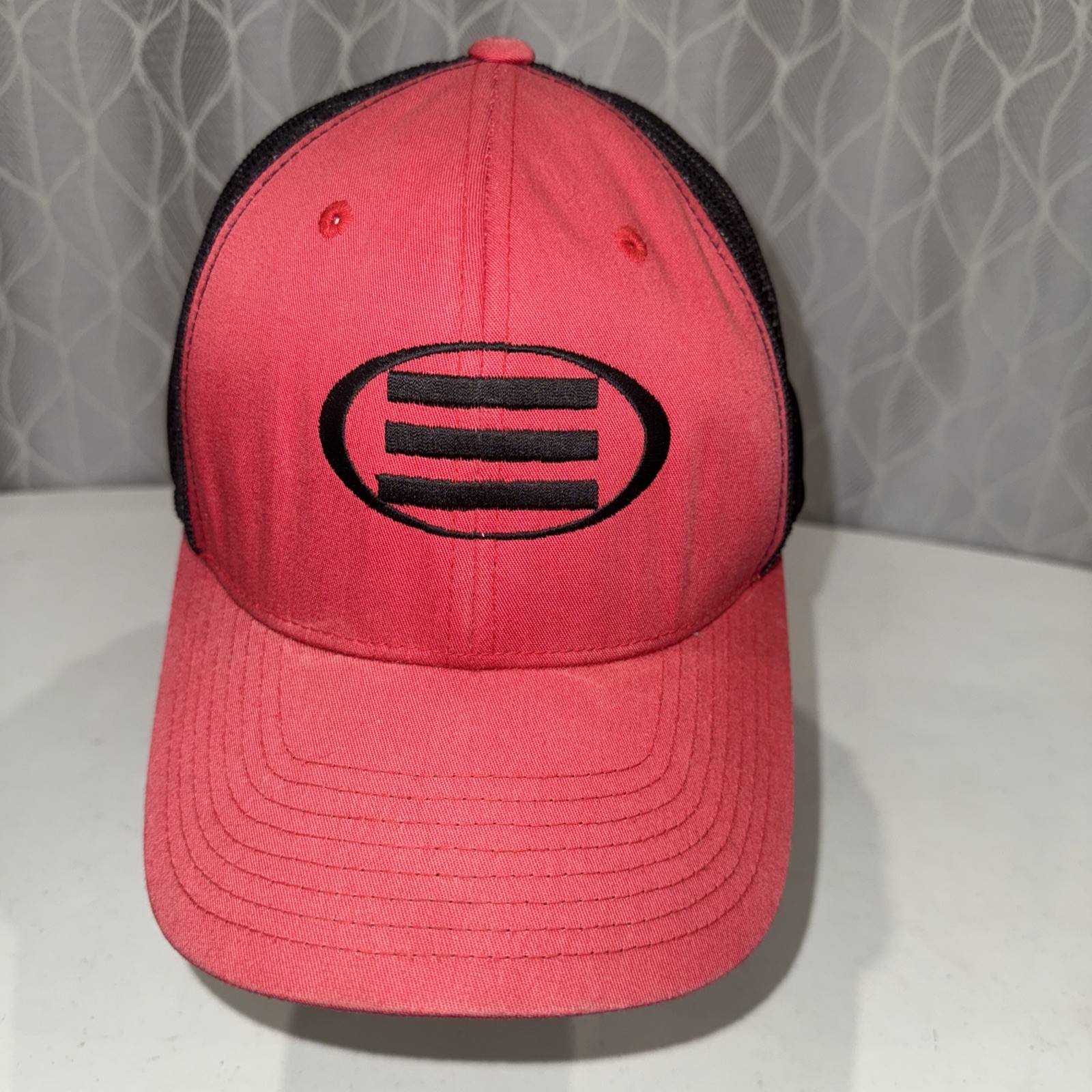 Oval w 3 Black Lines inside on Red Washed out Trucker Hat Cap Snapback Yupoong