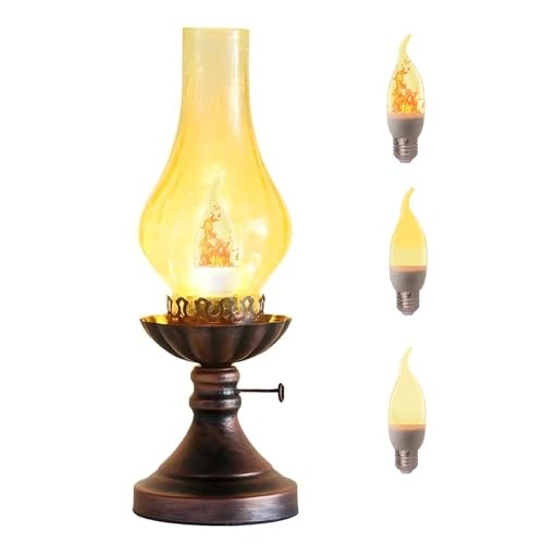 Vintage Table Lamp - 3 - Mode Dimmable Retro Rustic Desk Copper-Yellow Glass