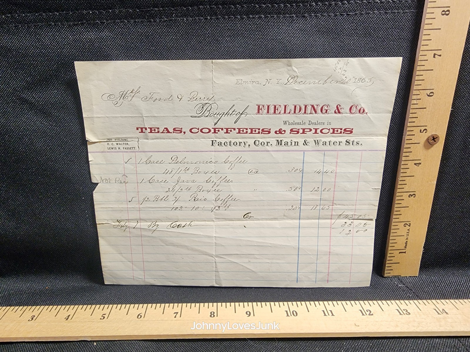 Antique 1865 Letter/Bill Head Fielding Co. Teas Coffee Spices Elmira New York NY