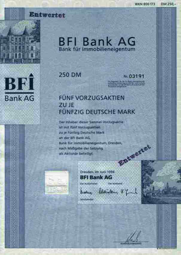 BFI Bank AG 1996 Dresden Frauenkirche Würzburg 250 DM decorative founder share