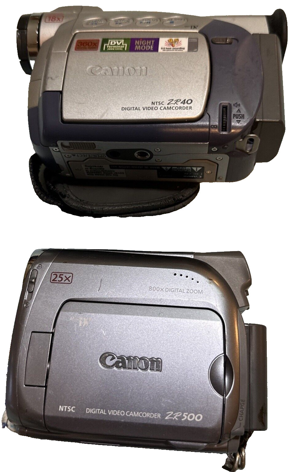 Qty 2 Canon ZR500 & ZR40 A Mini DV Camcorder No Charger Untested