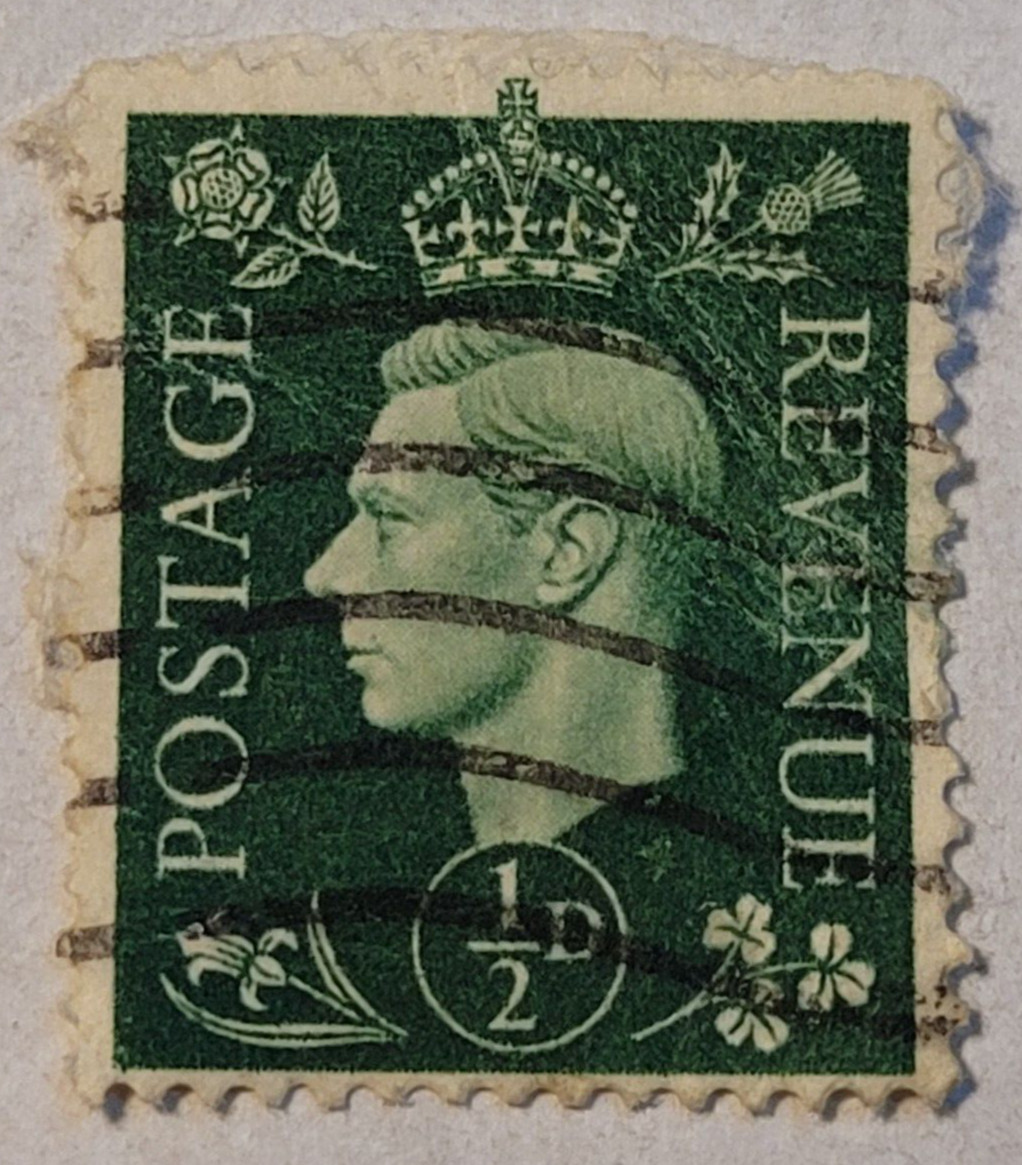 Postage Revenue ~ King George VI ~ Green ½D Stamp ~ Posted/Used ~ c.1940's ~ O45