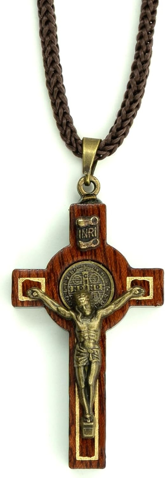Saint Benedict Medal Wood Crucifix Cord Necklace for Men & Women – Handcrafted R