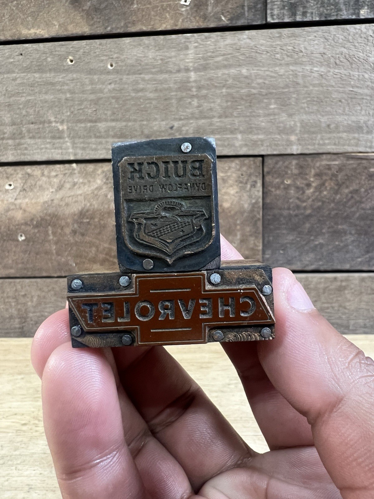 Vintage Pair Of Letterpress Printing Blocks Chevrolet Buick Car Advertising