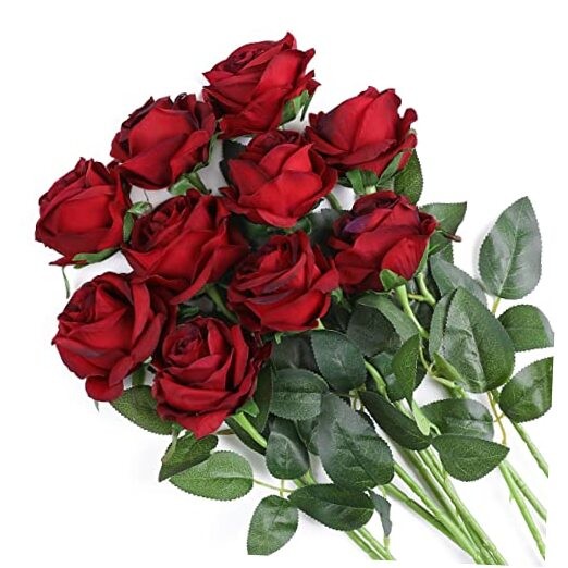  Artificial Flowers Silk Roses Real Touch Blooming Rose - Gradient Burgundy Red
