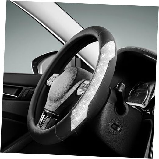  Steering Wheel Cover, Sparkly Crystal Bling Glitter with Leather, Black