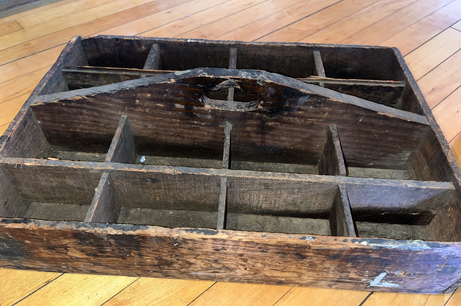 Antique Wood Cutlery Tool Tote W/ Handle Primitive Wooden Divided Large