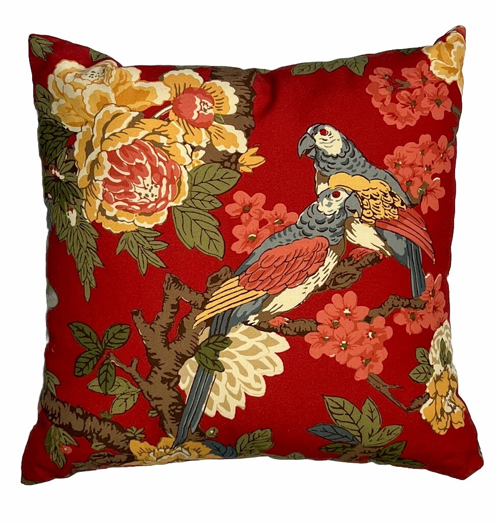 1- 19x19 Pottery Barn Red Throw Pillow Parrots & Floral Design