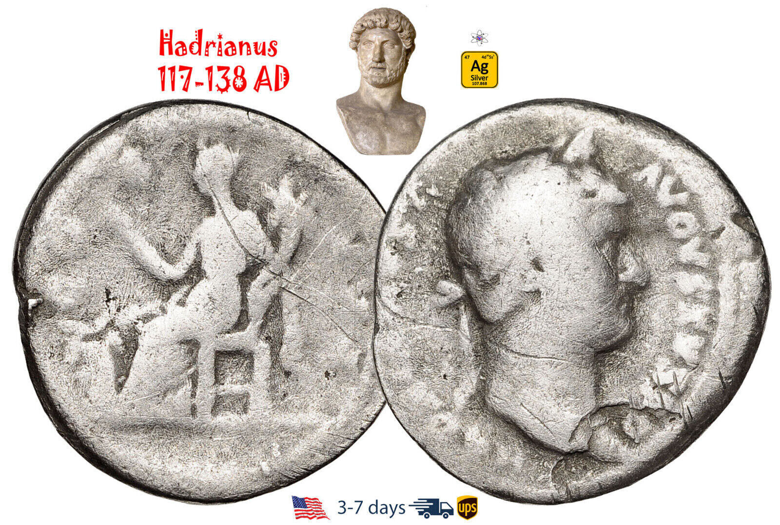 Ancient Roman Empire Coin Silver Denarius Hadrian 117 - 138 AD Authentic #31151