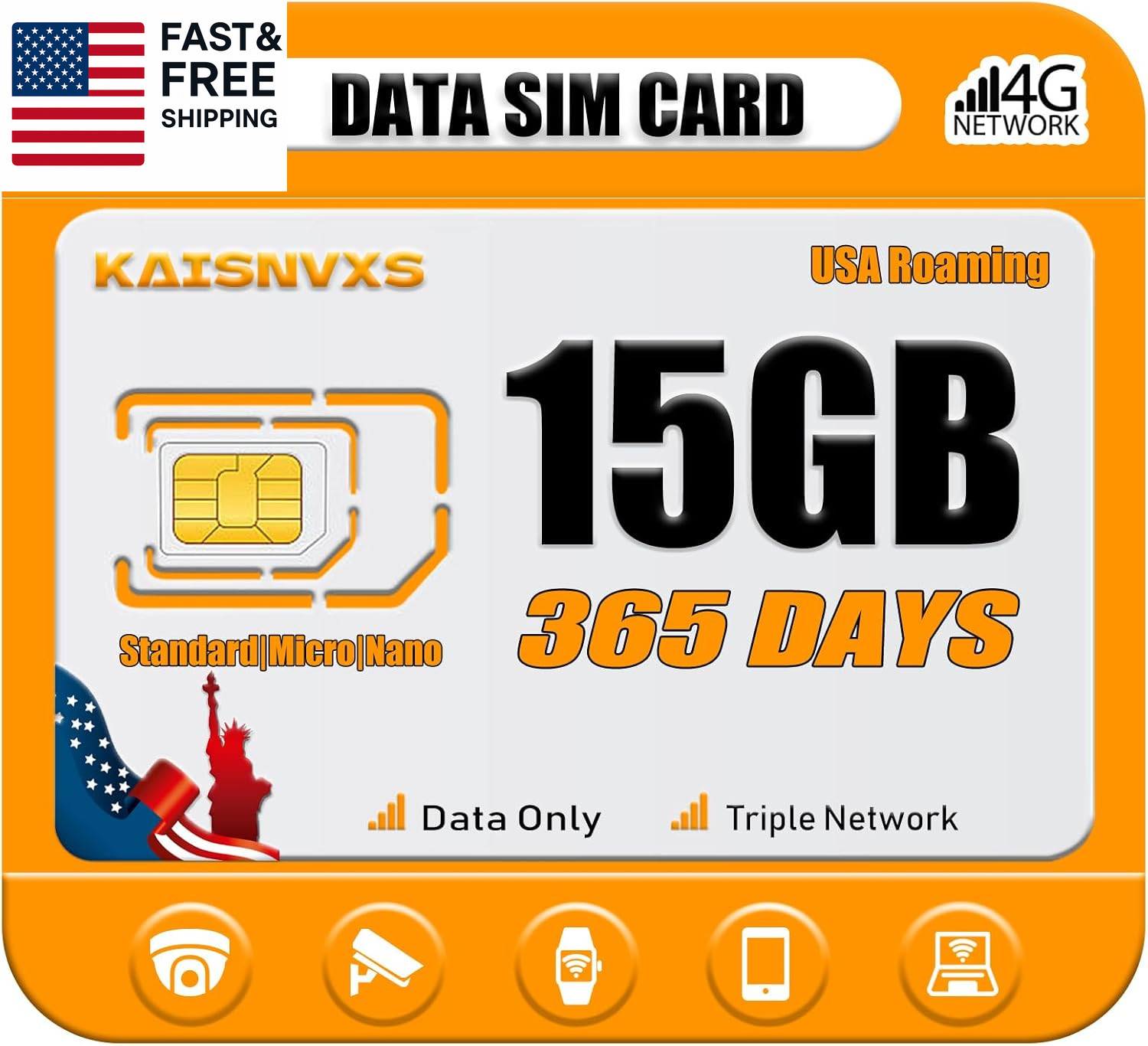 4G LTE Cellular Data SIM Card for 365 Days 15GB Compatible with USA Nationwide N