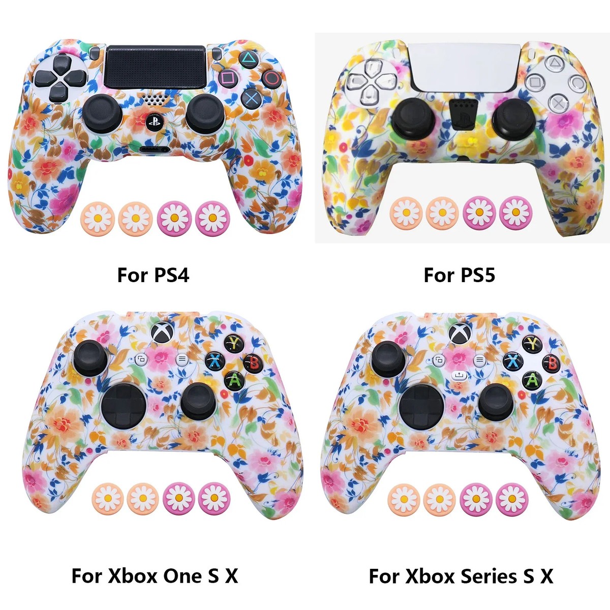 For PS4/PS5/Xbox One X/S Silicone Cover Water Transfer Print Shockproof Soft Gri