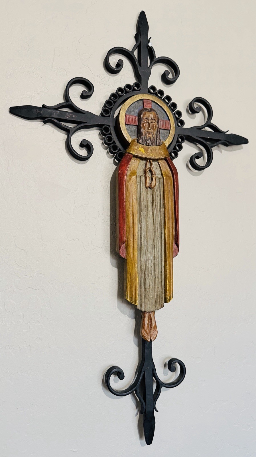 VTG Mexican Folk Art Santos Christ King Iron Wooden Crucifix Cross 27” Signed 69