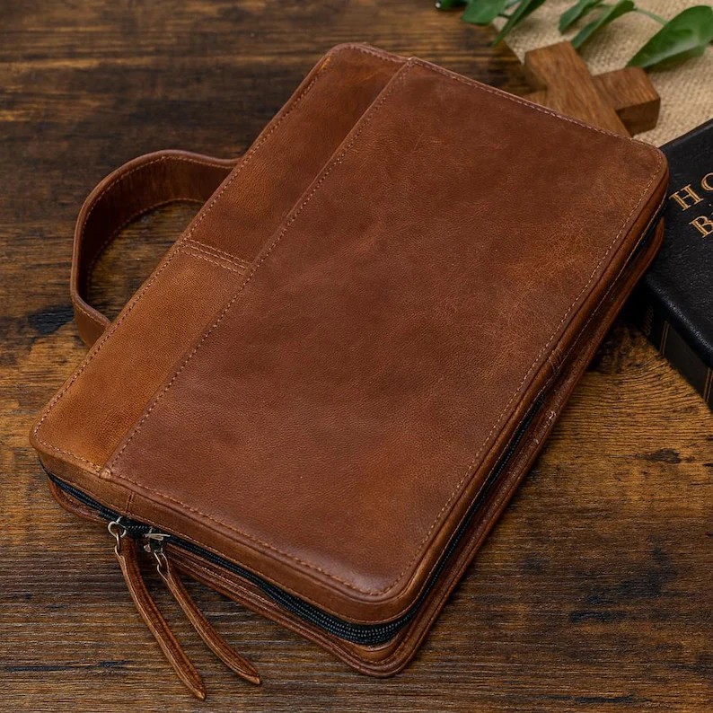 Genuine Leather Bible Cover Bag With Handle Case Large Holy Book Protector