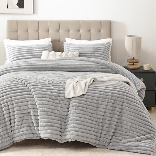  Fluffy Queen Comforter Set 3 Pieces - Light Grey Fleece Fluffy Comforter 