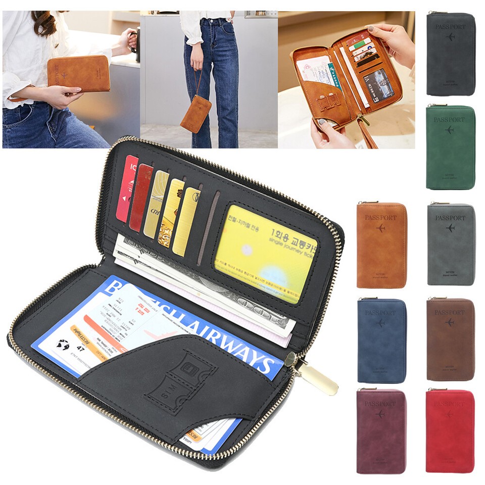 PU Leather Passport Holder Purse Bag Card Case with Zipper RFID Blocking Travel