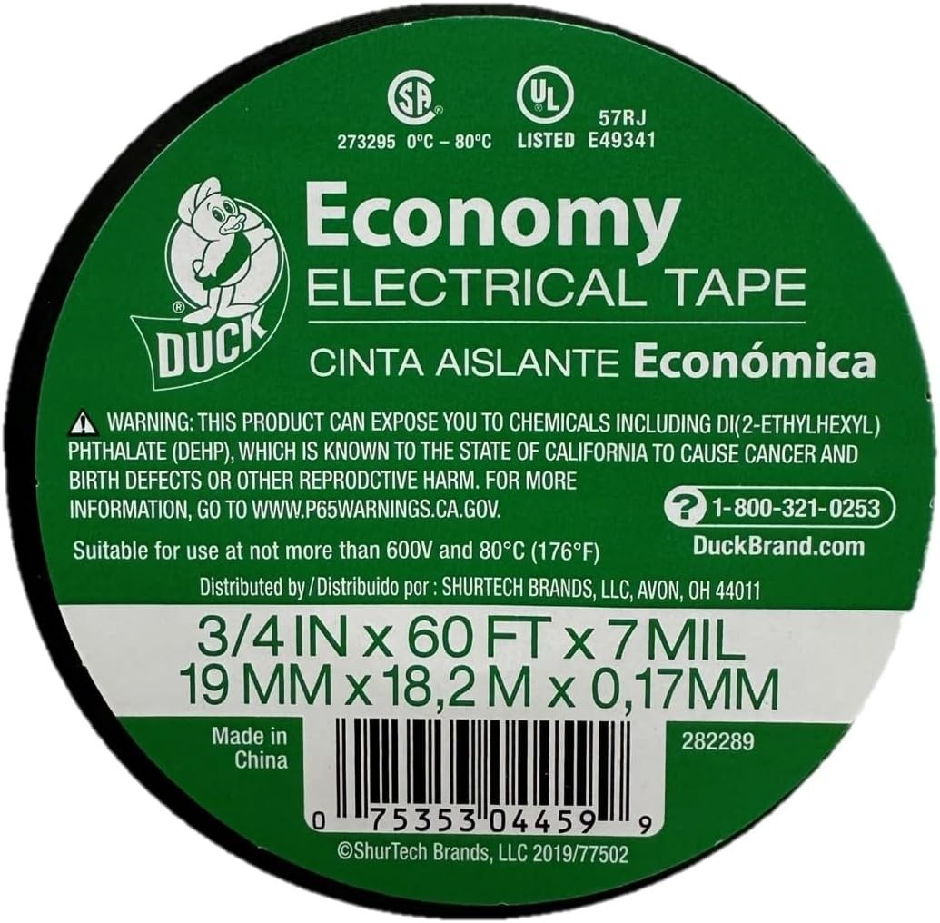 Duck Brand Economy Electrical Tape, 3/4-Inch by 60 Feet, Single Roll, Black