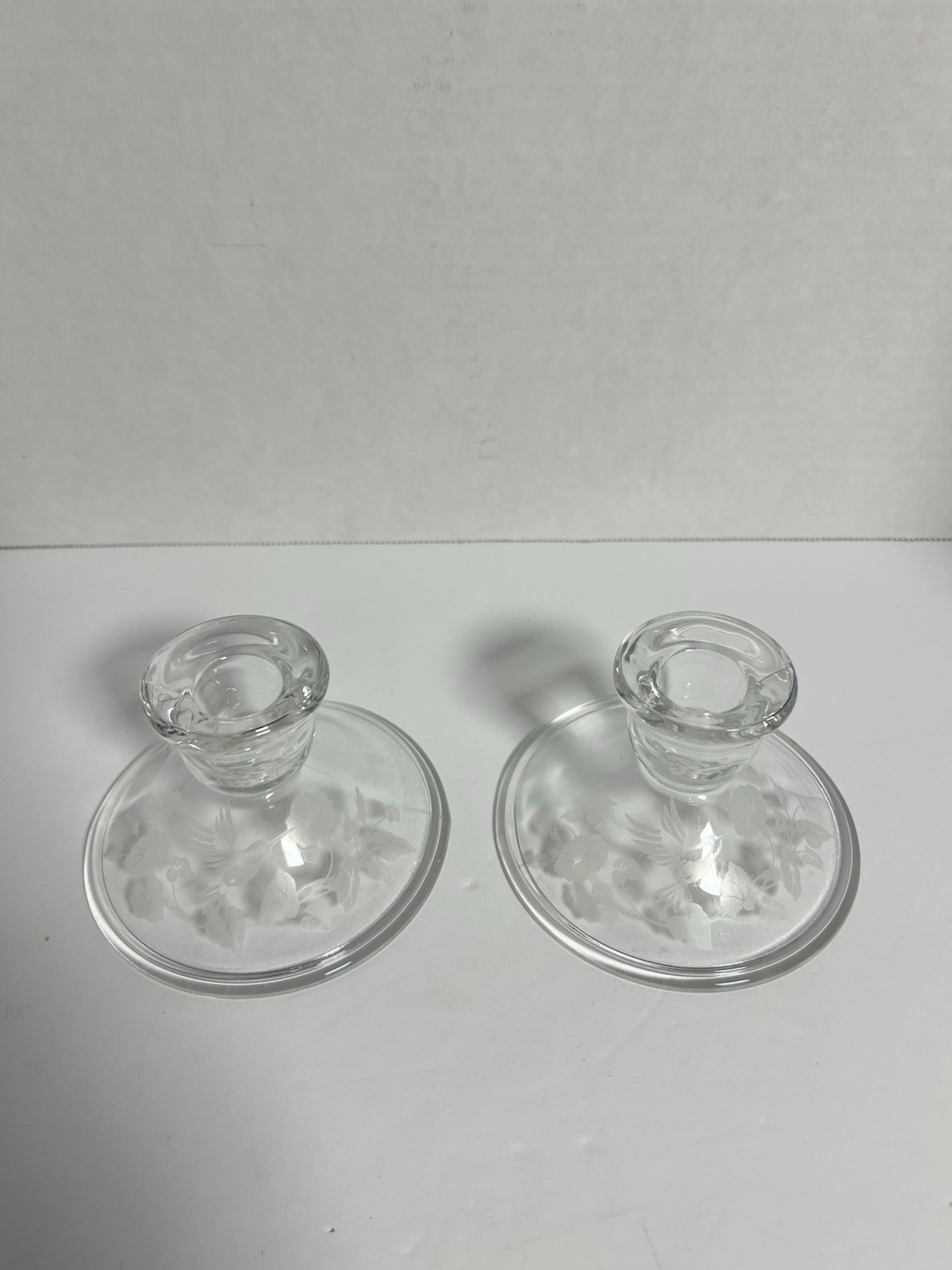 Vtg. Avon Etched Glass Taper Candle Holder Set 2 Hummingbird Morning Glory 4” H