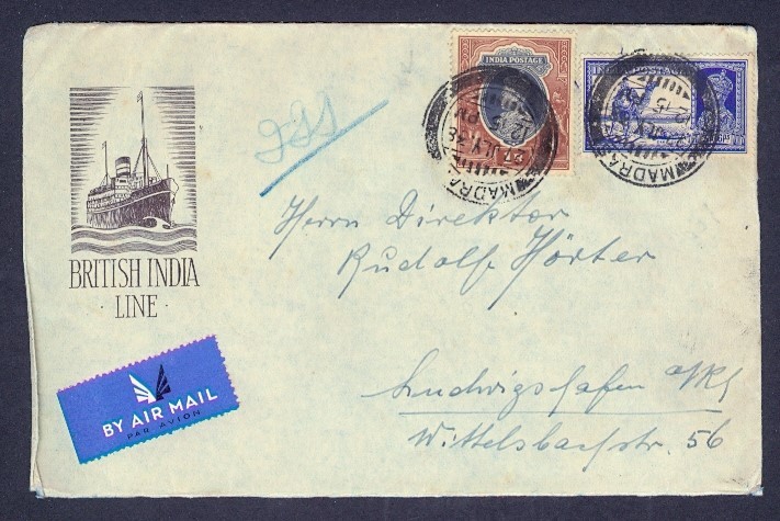 INDIA 1938 BR INDIA LINE ILLUSTR AIR TO GERMANY