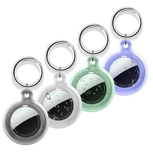 Compatible with AirTag Holder Case with Keychain, 4 A-Clear/Black/Purple/Green
