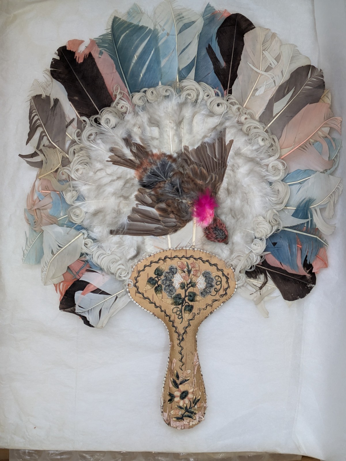 Original 19thC Huron-Wendat Native American Fan | Rare Taxidermy Bird Quillwork