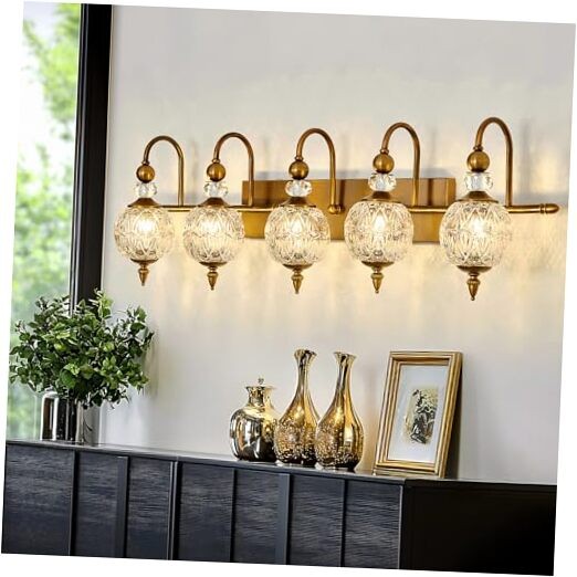 Vintage Bathroom Lights Fixtures Vanity Light with Glass Globe 5 light Gold