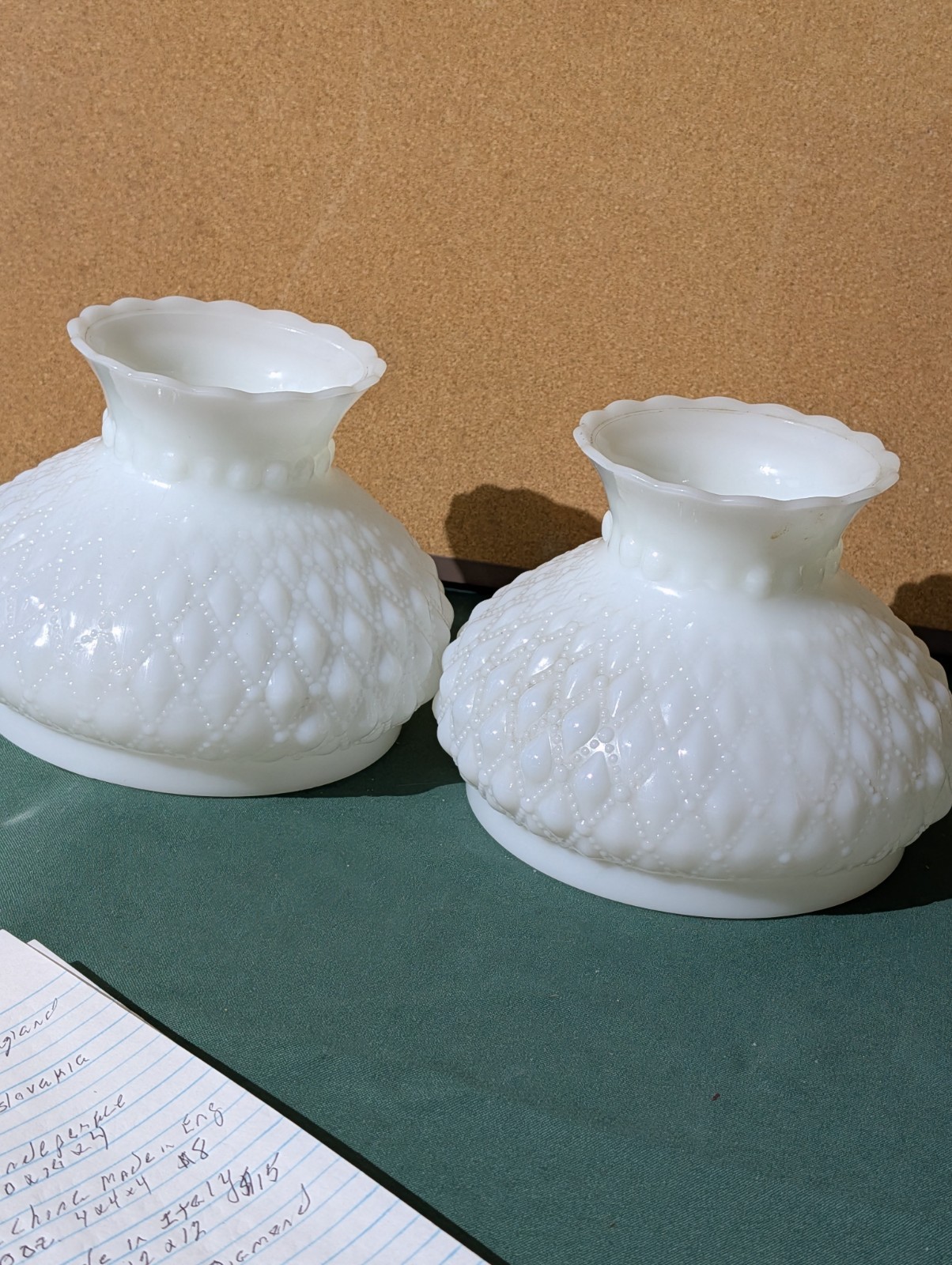 Vtg White Milk Glass Hurricane Student Lamp Shade Diamond Ruffled 6 1/4” Fitter