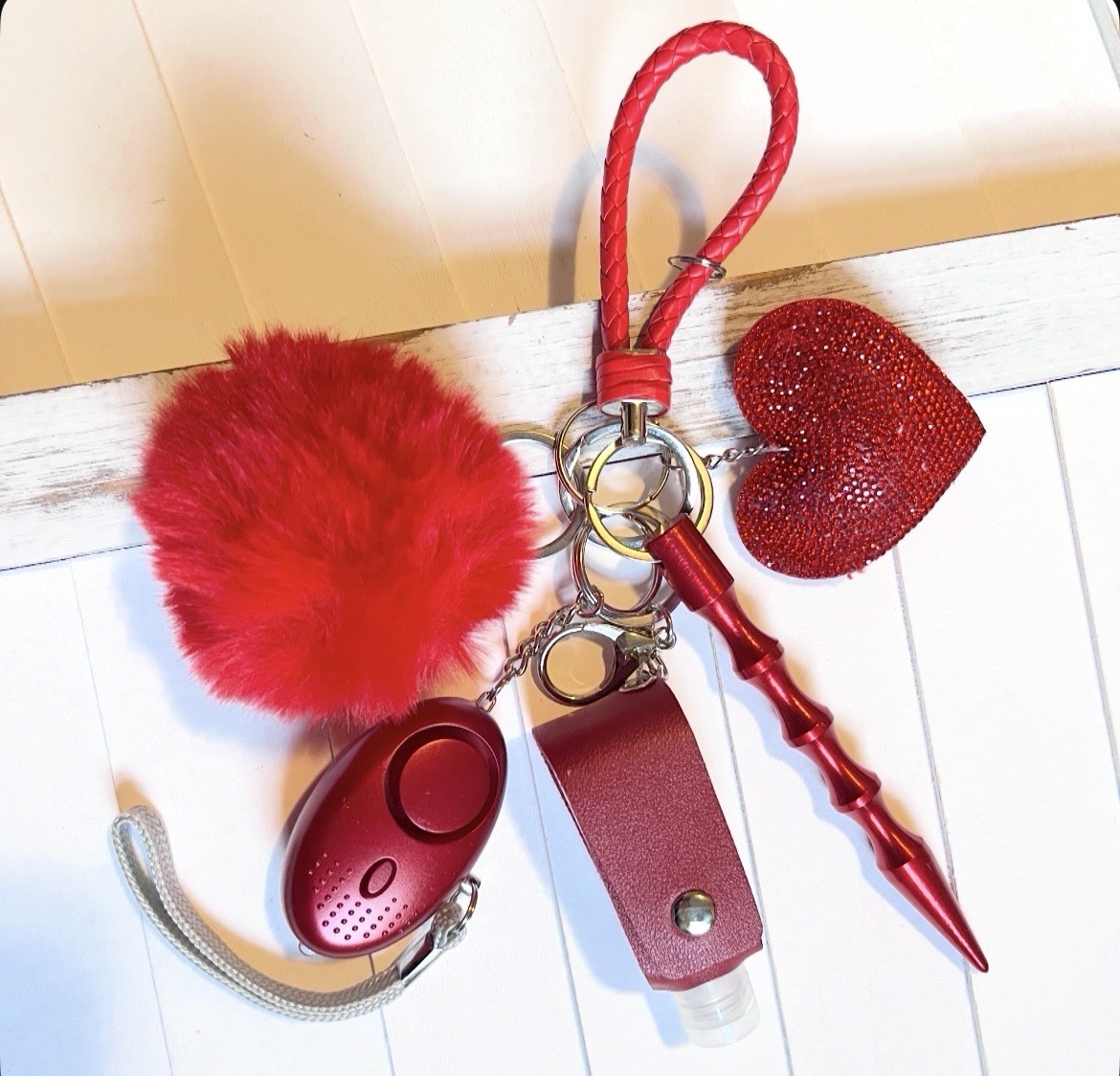 Red Personal Safety Keychain Set with Alarm, Kubotan, Pom-Pom, Heart Charm