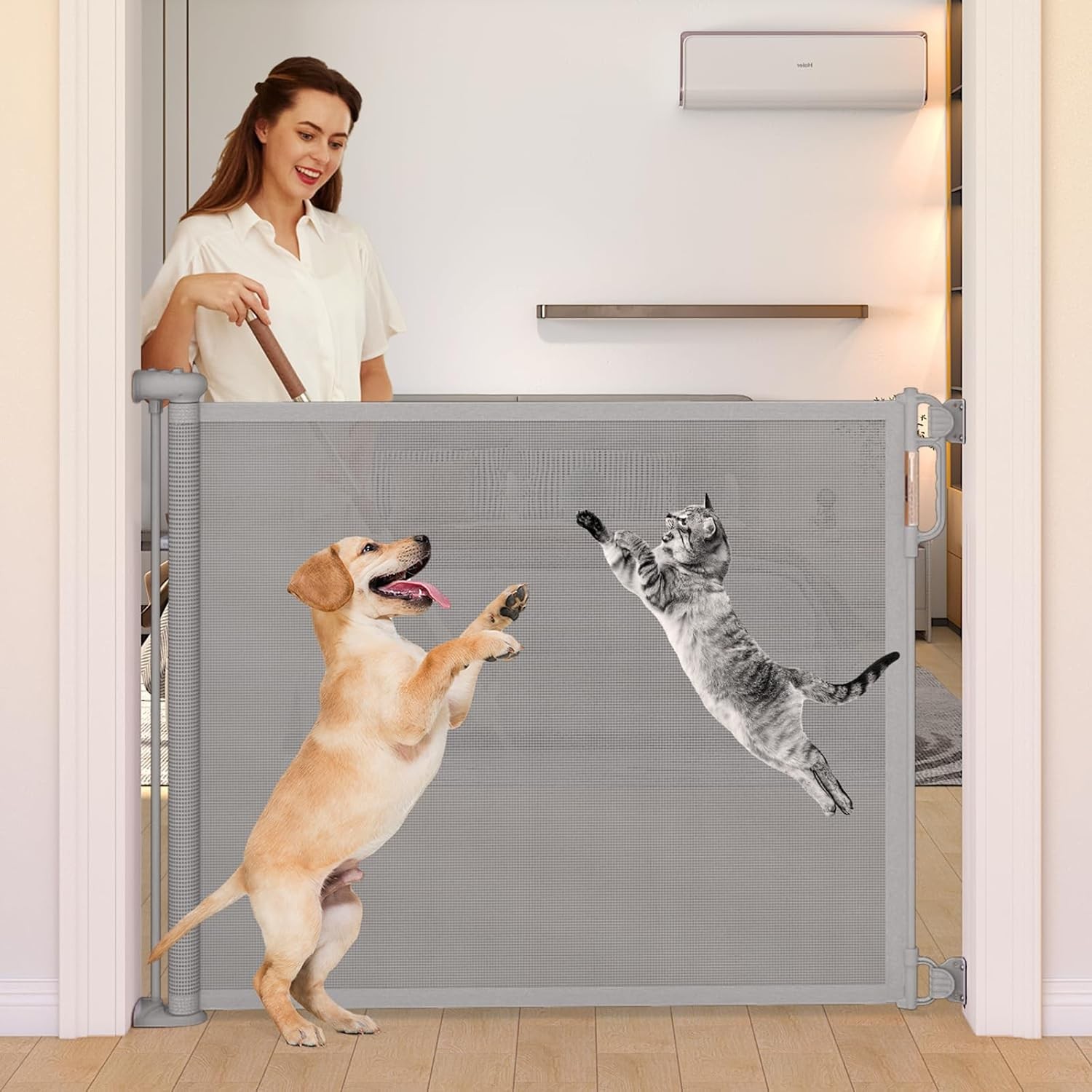 Retractable Baby Gate 71in Wide & 41in Tall, One-Hand Lock, Pressure Mount