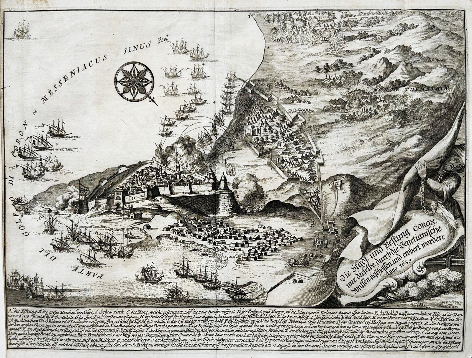 Koroni Peloponnes Greece Battle Copperplate Engraving Map Merian 1691