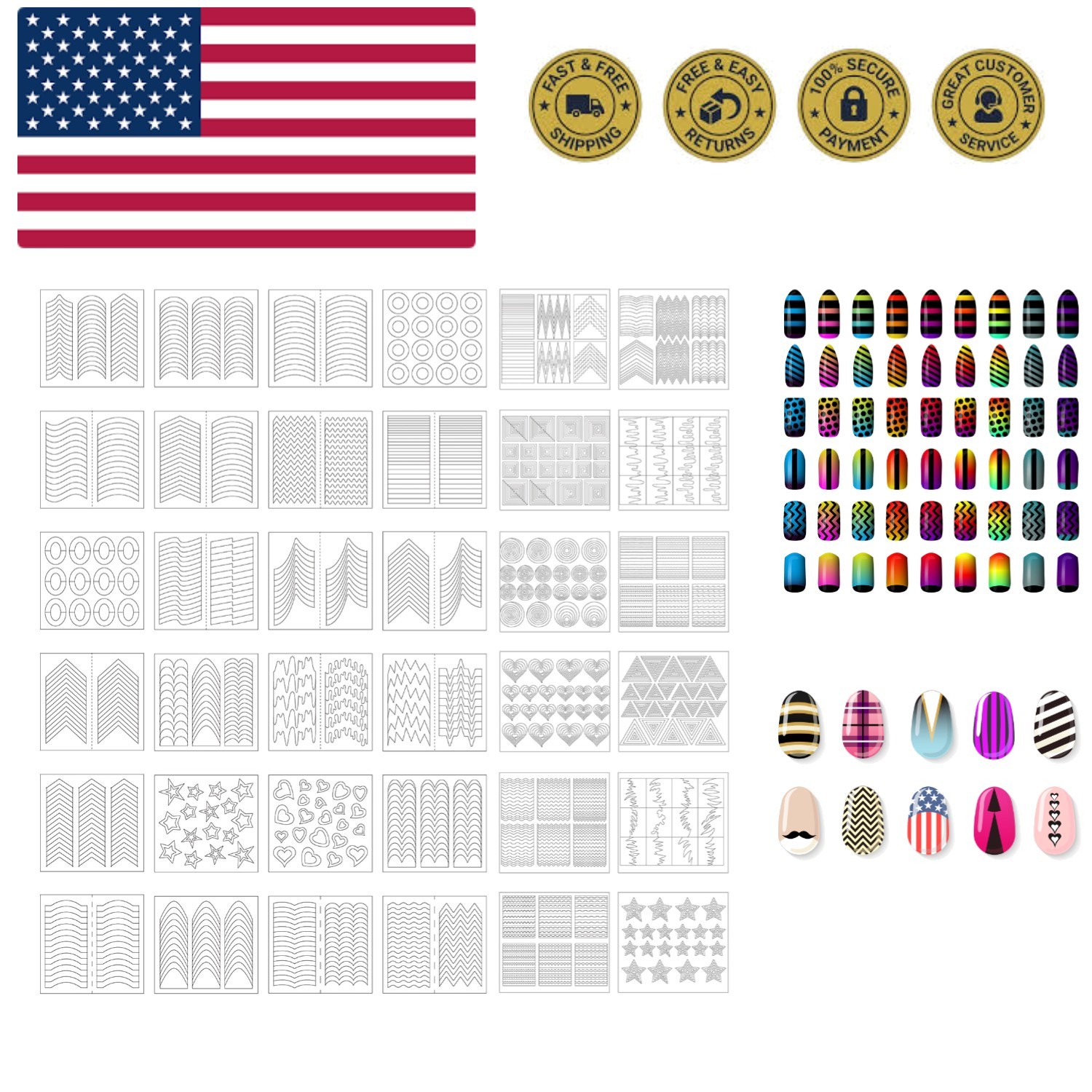 1275 Pieces 49 Designs Nail Art Stencils French Tip Guides Stickers Form Frin...