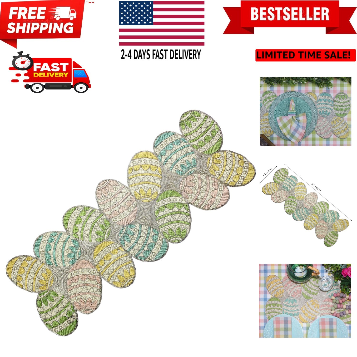 Happy Hunting Handmade Beaded Table Runner - Spring Easter Eggs Bunny Rabbit ...