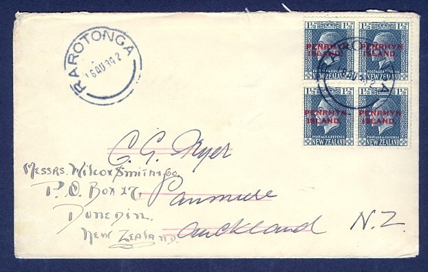 PENRHYN ISLANDS #18 BLK OF 4 1934 TO NEW ZEALAND