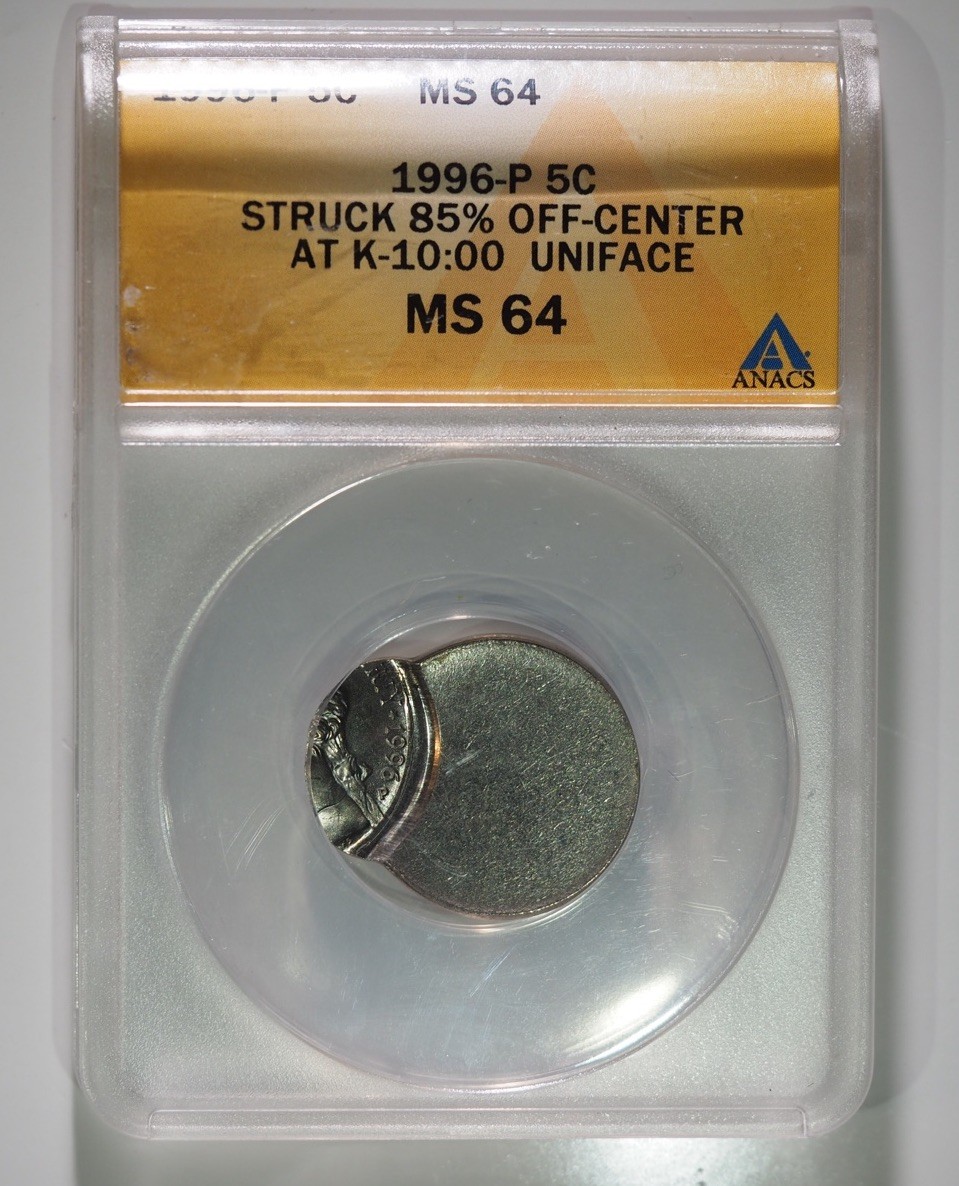 1996 P, Jefferson Nickel, Struck 85% Off Center ANACS MS64, Error