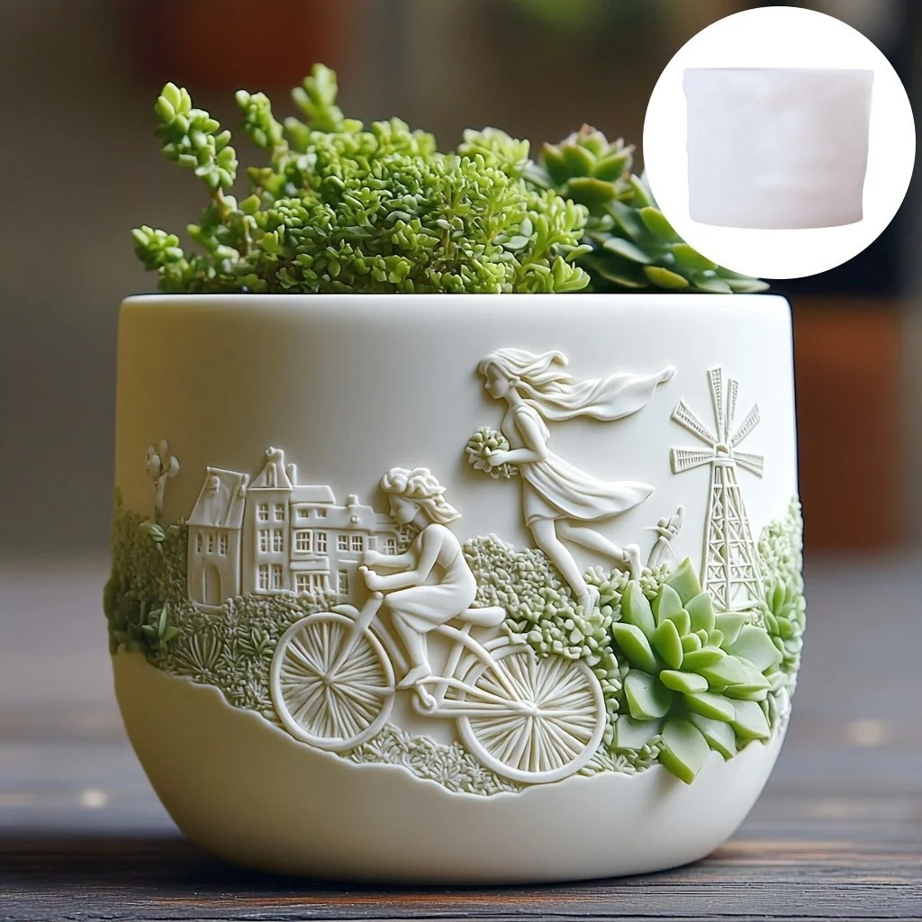 Vintage Village Planter Silicone Mold Girl Bicycle Windmill Resin Pots DIY Mould
