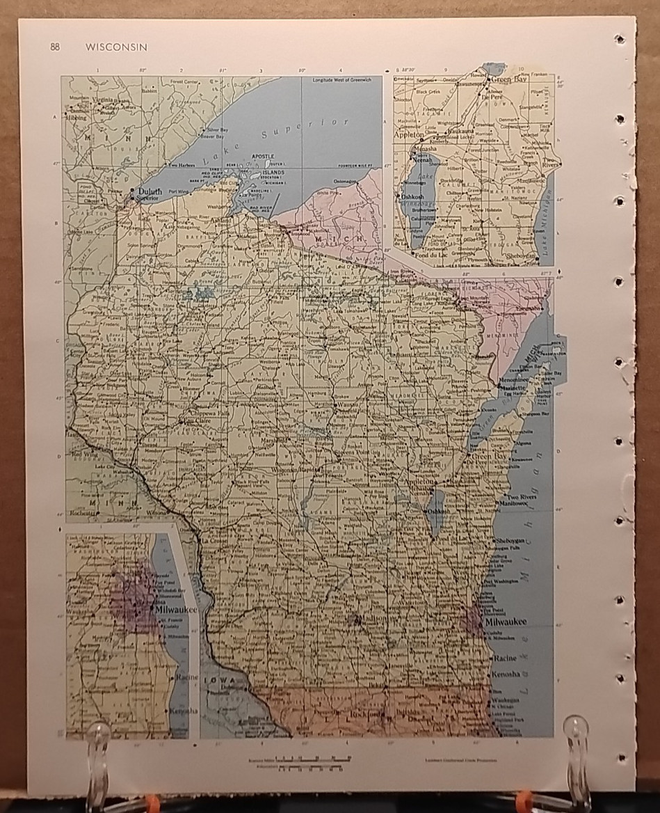 1966 Vintage WISCONSIN Authentic Old MCM Atlas Map - Rand McNally World Atlas