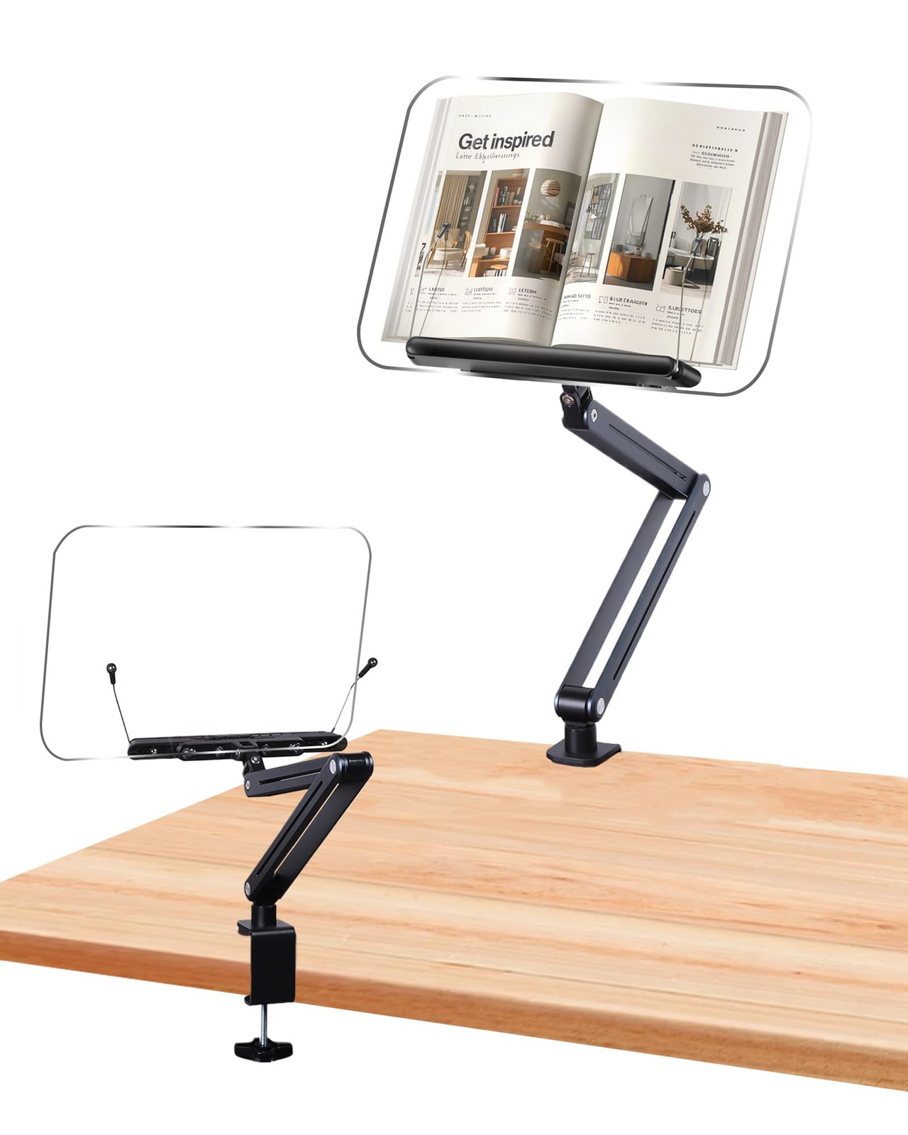 ASIEIT Book Stand with Clamp, Acrylic Desk Clamp Book Holder, 360° Cookbook S...