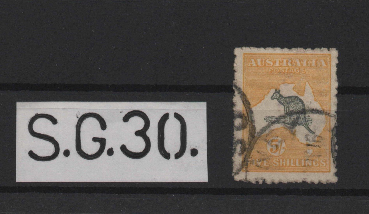 Australia Kangaroo & Map Stamp - 5s Grey & Yellow SG 30 - Used - Cat £350