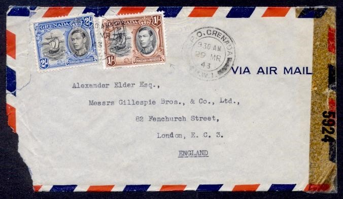 GRENADA 1943 KGVI COMBO CENSORED AIR TO UK