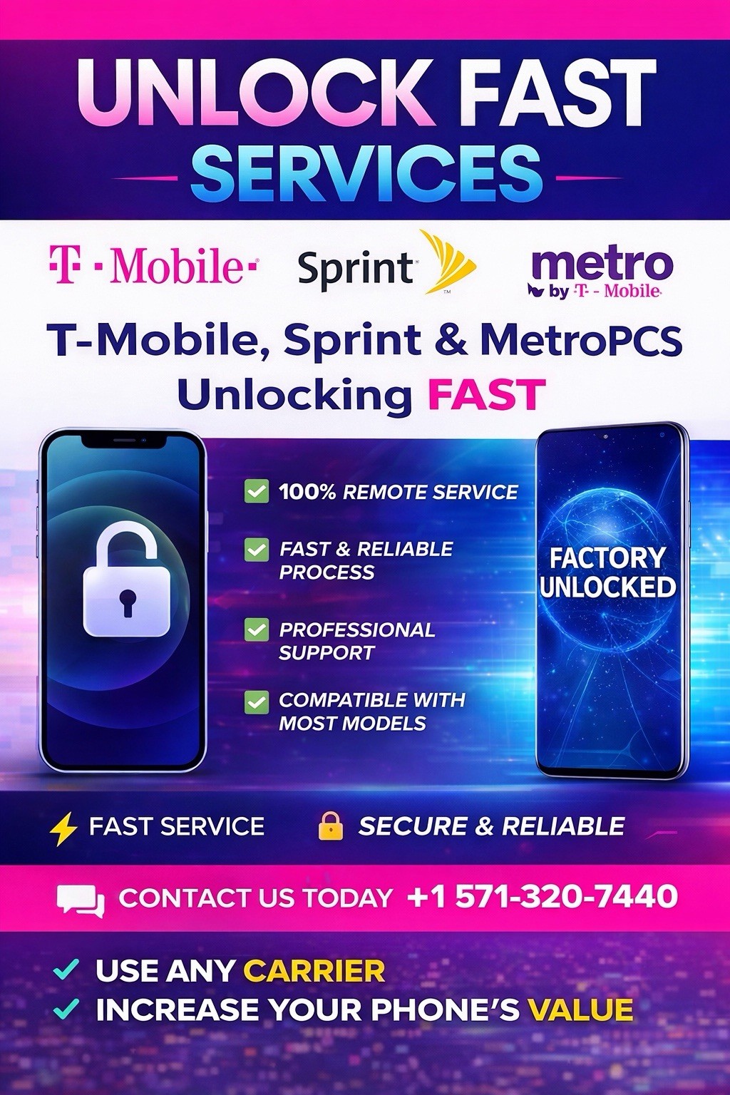 Carrier unlock Service T-Mobile/Sprint/ MetrosPcs [ 1-24H ] All status Supported