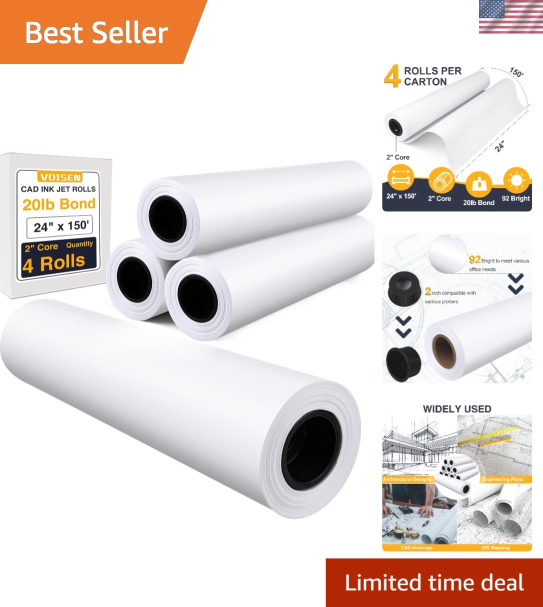 High Brightness CAD Bond Paper - 20lb, 4 Rolls, Ideal for Inkjet Printing