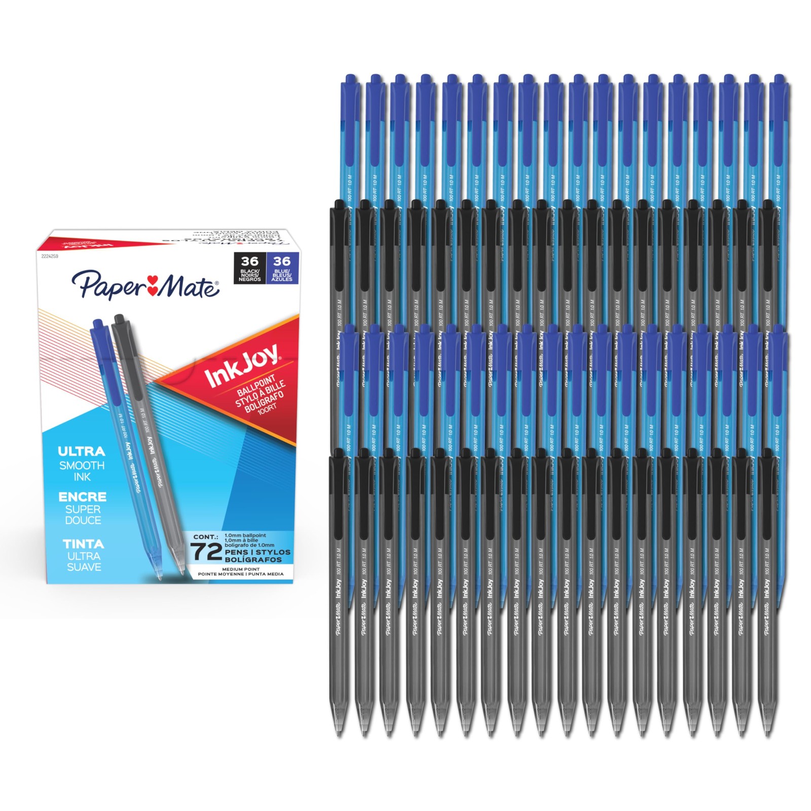 Paper Mate InkJoy 100RT Ballpoint Pens 72 Count Medium 1.0mm Black Blue Bulk