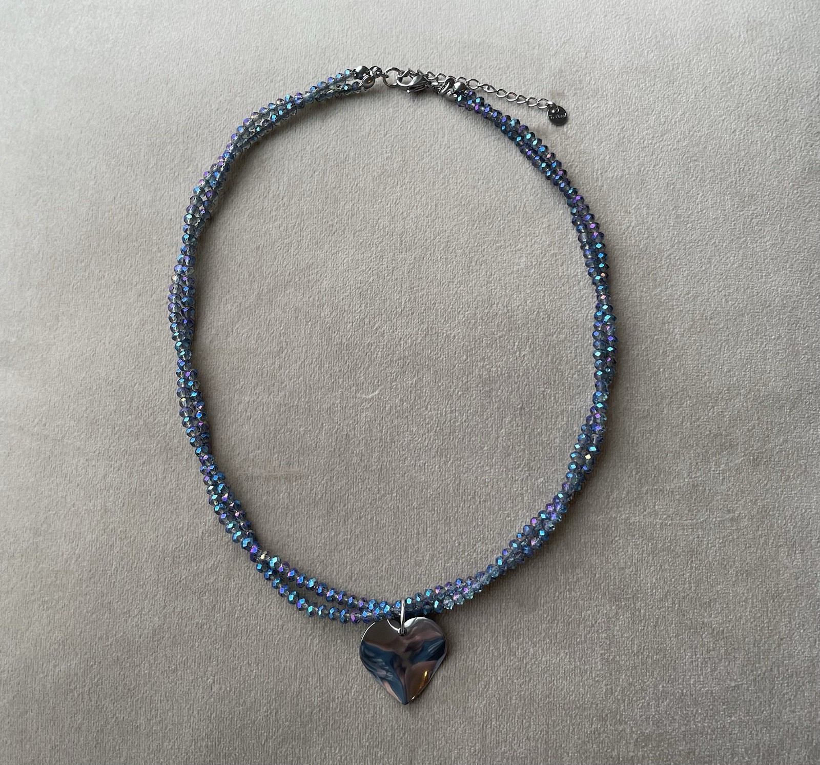 BLUE FACETED GLASS BEADS Multi-strand  STAINLESS Heart Pendant Necklace 16”